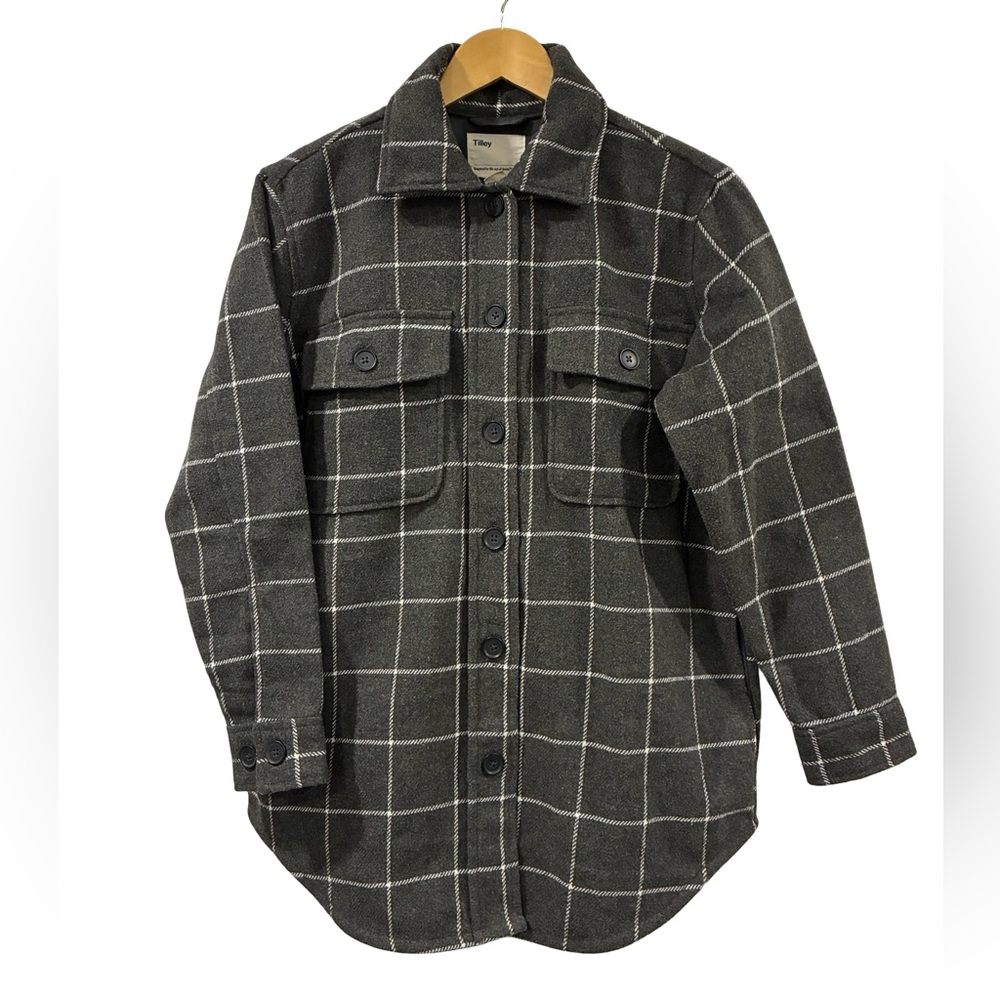 [s] Tilley Wool Blend Shacket Jacket Grey Windowpane Plaid Button down Overshirt